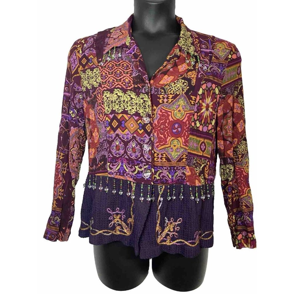 Vintage Howard Wolf Sz Large Art 2 Wear Button Up Shirt Beaded Vintage USA Made